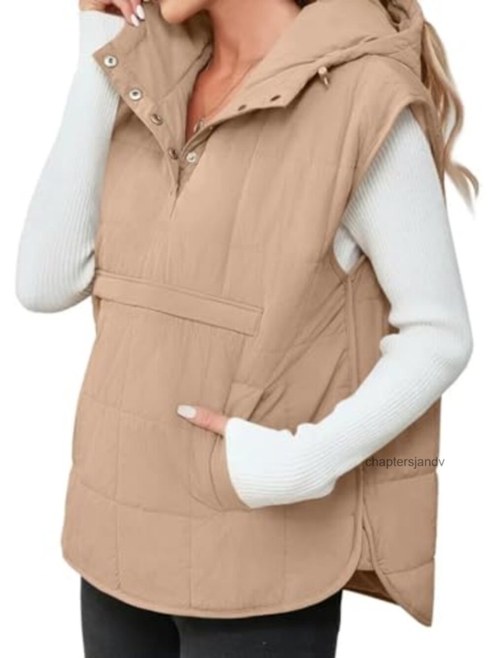 Quilted Puffer Vest Sleeveless Button Down Hoodie with Kangaroo Pockets